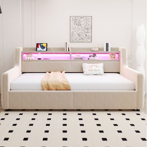 Cama sofá tapizada moderna 90x200 cm en terciopelo beige, con arcón, LED, estante, toma USB/Type-C y somier de láminas (1/5)