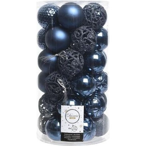 AMICASA 020810 Set 37 Palline di Natale Infrangibili in Plastica Mix Lucide Opache e Glitterate 6 cm colore Blu Notte