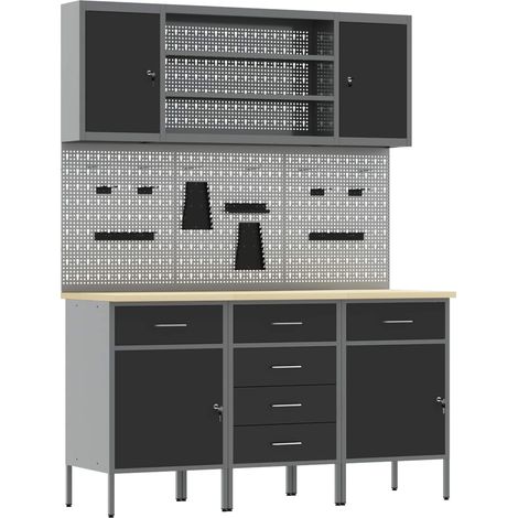 vidaXL Armario de trabajo 7 uds. Negro Madera Ingenierizada y Acero (1/2)