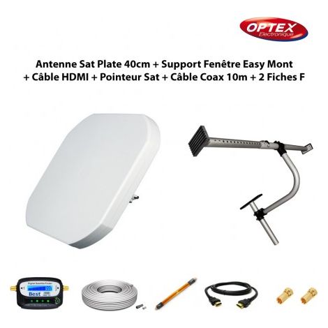 Antenne Sat Plate 40cm + Support Fenêtre Easy Mont + Câble Passe Fenêtre + Câble HDMI + Pointeur Sat + Câble Coax 10m + 2 Fiches F (1/5)