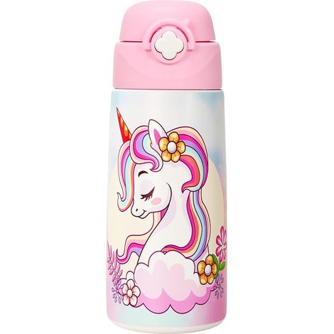 Gourde Isotherme Pour Enfant Avec Paille,acier Inoxydable - 500 Ml- Sans Bpa - Anti-fuite - Bouteille D'eau Isotherme Pour L'école, La Maternelle(Licorne) (1/5)