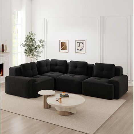 Canapé d’angle modulaire noir en velours côtelé sans montage avec assise profonde Canapé compressé (1/5)