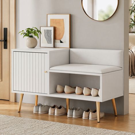 Schuhschrank mit gepolsterter Sitzbank und Rückenlehne, weiß, 100 x 40 x 58 cm HAVRYA (1/5)