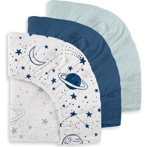 Ensemble de draps-housses en gaze pour berceau bébé - 82 x 41 cm - Bleu, blanc - Ensemble 3 pièces - Drap-housse en gaze pour berceau bébé - Élastique (1/5)