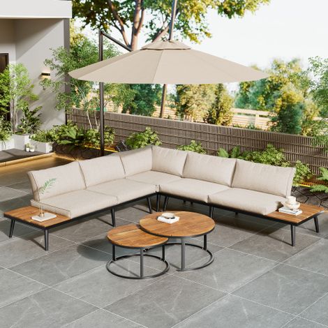 Salon de jardin modulable 6 pièces beige en fer galvanisé avec 2 canapés, 2 places, 2 fauteuils et 2 tables