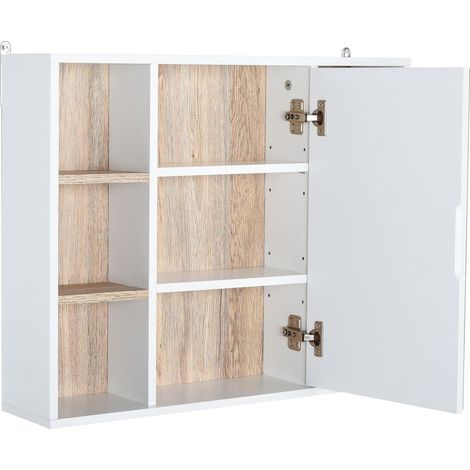 Armoire murale, meuble salle de bain avec miroir, miroir salle de bain avec rangement, placard à portes et 6 compartiments ouverts, 60 x 14,5 x 49,4 cm, blanc (1/5)