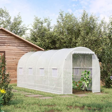 Serre tunnel 5x2x2m - pour légumes fleurs - 5 renforts diagonaux - cadre métallique PE - portes fenêtres enroulables - blanc