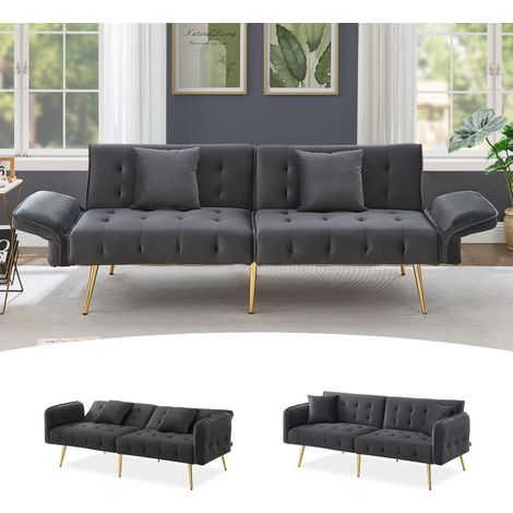 Sofá cama doble multifuncional, plegable en terciopelo gris, con respaldo y reposabrazos ajustables en varias secciones, ideal para sala de estar. (1/5)