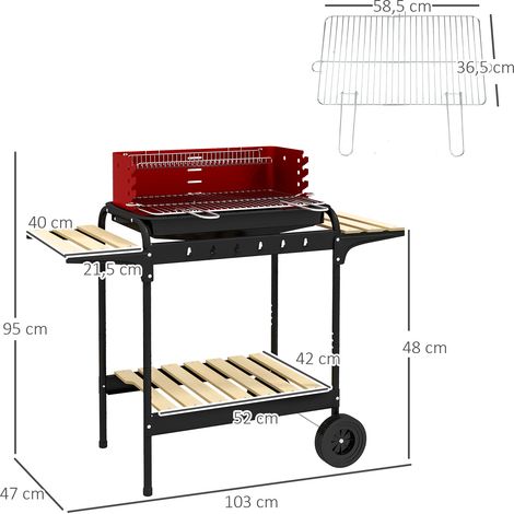 Barbecue à charbon de bois en métal avec roulettes, grille réglable en hauteur, étagère à bois, chariot mobile, idéal pour barbecue, camping et terrasse, 103 x 47 x 95 cm