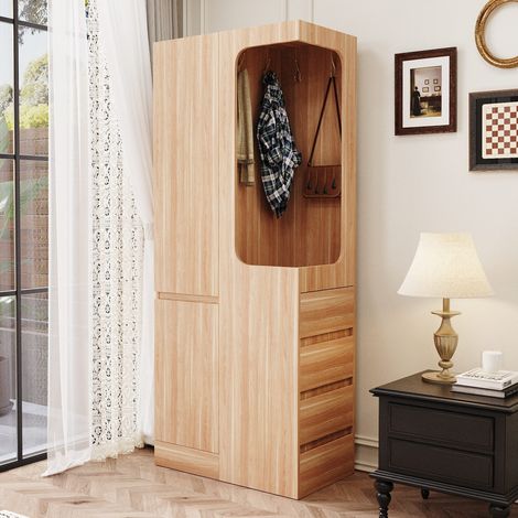 Armario 70 x 40 x 170 cm, con cajones y compartimentos de almacenamiento, espacio abierto para colgar ropa, una puerta, color madera