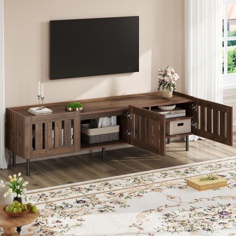 Meuble TV bas minimaliste 160 x 40 x 47 cm, finition noyer, design ajouré, compatible avec les téléviseurs jusqu'à 65 pouces, MDF (1/5)