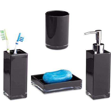 Accessoires salle de bain Set 4 pièces distributeur savon gobelet brosse à dent porte-savon plastique, noir (1/5)