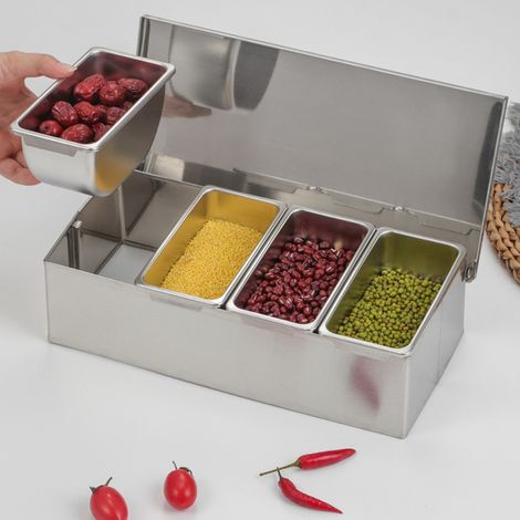 Caja para frutas de acero inoxidable con 4 compartimentos, recipientes de acero inoxidable para alimentos y condimentos, recipientes para acompañamientos, 4 recipientes independientes de acero inoxida (1/5)