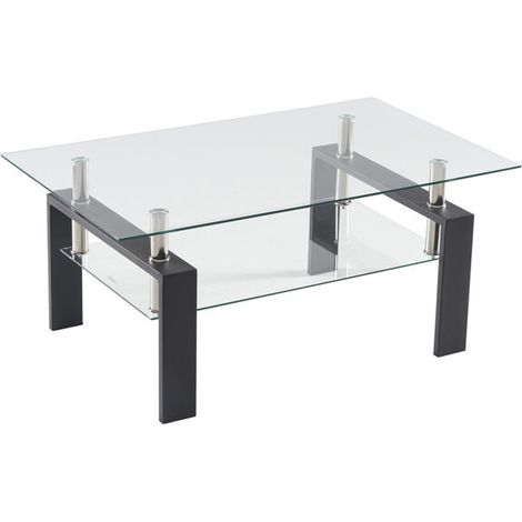Table Basse Rectangulaire Verre Trempé Double Niveau Pieds Fer Noir 100x60x43cm (1/4)