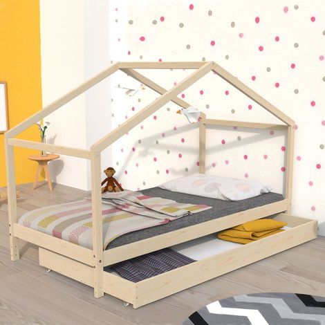 Lit cabane enfant avec tiroir en bois naturel 90x190 - LT14006 (1/3)
