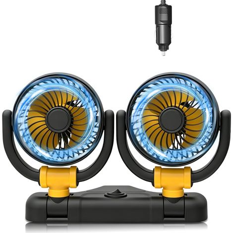 Ventilatore per auto 12V con rotazione a 360°, doppia testa, 2 velocità, silenzioso, per camion, furgoni, SUV, camper, con accendisigari (1/5)