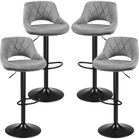 Lot de 4 tabourets de bar – Hauteur réglable 360° – Revêtement velours – Structure en métal – Repose-pieds antidérapant – Gris clair – Aqrau (1/5)