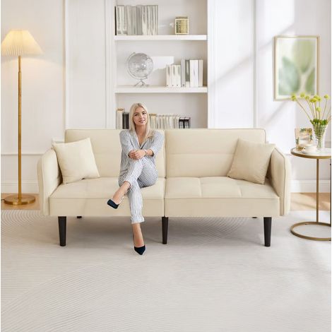 Sofá cama 2 plazas beige en terciopelo con respaldos reclinables y reposabrazos abatibles (1/5)