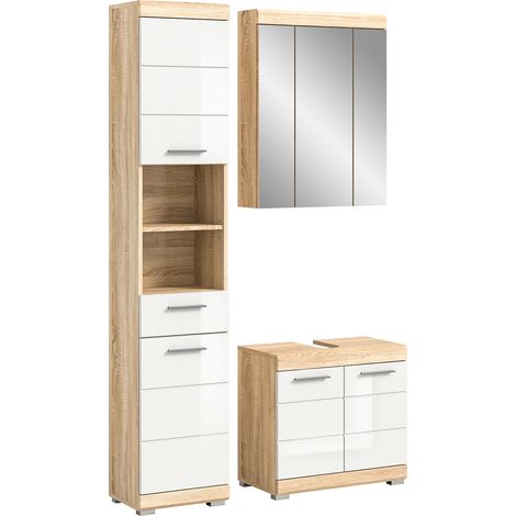 Ensemble salle de bain 3 meubles chêne clair et blanc - LAMBY