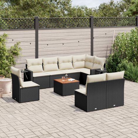 Ensemble Jardin 9 Places Résine Tressée Noir avec Table Acacia et Coussins Crème - Mobilier Extérieur Modulaire avec Rangement (1/3)