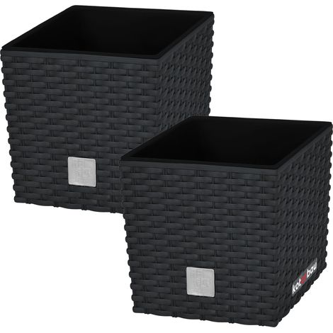 KOTARBAU® Kotarbau® Pot de Fleur Exterieur 17 x 17 cm - avec Insert Intérieur Lot de 2 - Pot Plastique Plante 4 L - Pot de Fleur Carré - Aspect Rotin - Anthracite (1/5)