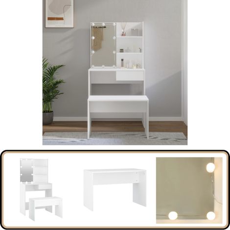 Ensemble de coiffeuse avec LED Blanc Bois d'ingénierie - Table De Maquillage - Coiffeuse Avec Miroir - Meuble De Salle De Bain - Éclairage Led - Rangement Maquillage
