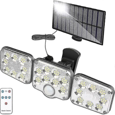 Projecteur solaire extérieur, 138 LED 2200 lm avec télécommande, étanche IP65, 3 têtes orientables, grand angle 270°, éclairage de sécurité sans fil pour garage (1/5)