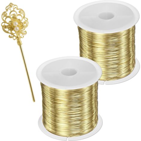 Fil de Laiton,Fil de cuivre doré pour bijoux - 2 bobines de 100m, 0,3mm - Fil souple et résistant pour bijoux et décorations - Utilisation facile, flexible et durable (1/5)