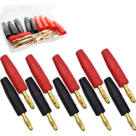 Juego de 10 conectores banana, conector banana de 4 mm, conector de audio chapado en oro para altavoces, para conectar altavoces HiFi, amplificadores, receptores y sistemas estéreo. Negro/Rojo (1/5)
