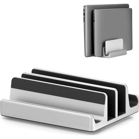 Support vertical pour ordinateur portable, double support en aluminium avec deux emplacements réglables, argent (1/5)