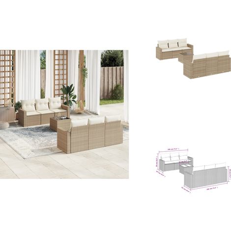 7-tlg. Garten-Sofagarnitur mit Kissen Beige Poly Rattan - Gartensorte - Esszimmergarnituren - Lounge Set - Outdoor Möbel - Gartenmöbelset (1/3)