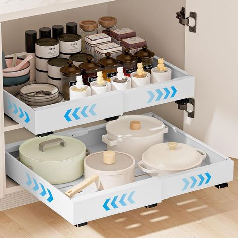Tiroir Coulissant Cuisine, 2 Pièce Tiroir Télescopique Extensible (32-52x31x7 cm) Organisateurs D'armoire Coulissants Etagere Rangement Cuisine Telescopique pour Armoires de Cuisine Salon Maison (1/5)