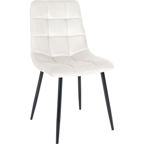 Chaise de salle à manger x1 coutures décoratives carrées en tissu velours blanc crème et métal noir 100002136