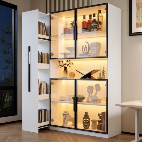 Vitrina de 110x35x160 cm con iluminación LED, estantes laterales deslizantes y cajones, MDF blanco. (1/5)
