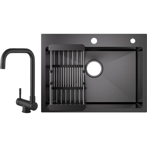 Cecipa 60×45×18 cm Lavello da Cucina Nero - Lavello a 1 Vasca con Cestello di Scarico + rubinetto da cucina pieghevole Miscelatore pieghevole sotto finestra Nero (1/5)