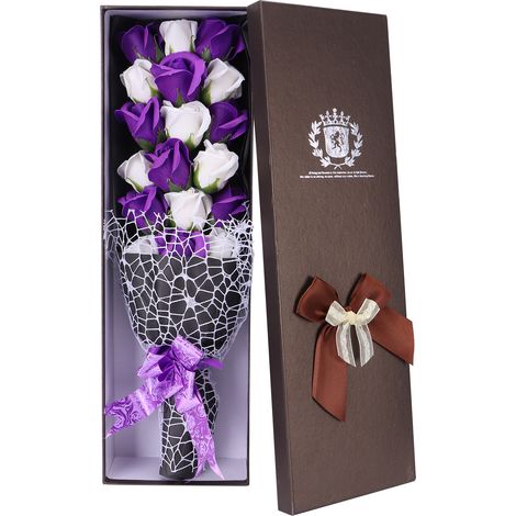 Fleur de savon, bouquet de roses artificielles innovant, cadeau de mariage, Saint-Valentin, cadeau festif, violet et blanc + boîte (1/5)