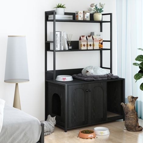 Litière pour chats avec étagère de rangement et meuble toilette caché. Nichoir bois anti-odeur 2 portes avec coussin à griffer, noire