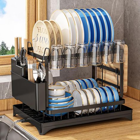 Egouttoir Vaisselle 2 Niveaux en Acier Inoxydable, Rangement Cuisine sur Evier, Organisateur Anti-Rayures pour Vaisselle, Tasses, Couverts et Planches à Découper