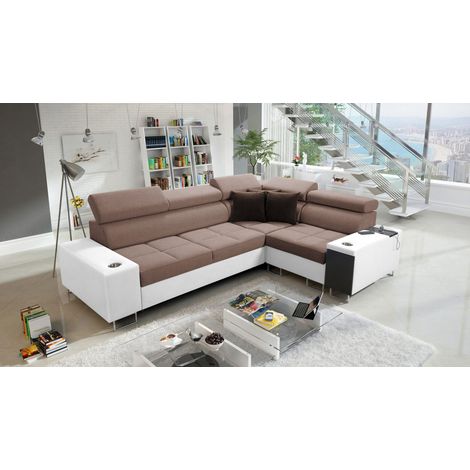 Elegantes Ecksofa mit Konsole und Ladegerät MORENA II Kunstleder/Sawana Weiß/Braun Rechts (1/5)