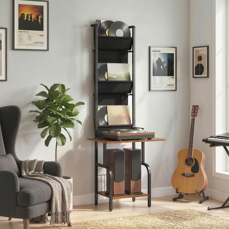 Industrielles CD-Regal, CD-Aufbewahrung, DVD-Ständer mit 3 Stofftaschen und Tischplatte, Rustikale Holzoptik in Braun