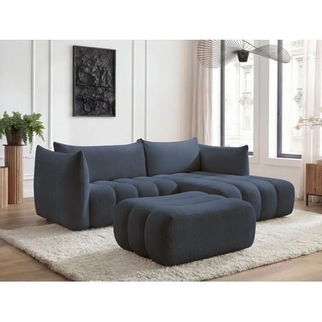 BOBOCHIC - Canapé d'angle fixe AZRA tissu bouclette avec pouf Angle droit Bleu foncé (1/5)