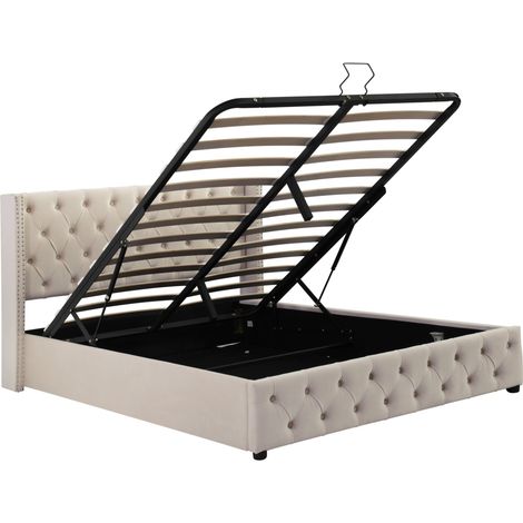 Lit coffre capitonné beige 140 x 200 cm en velours avec sommier relevable hydraulique (1/5)