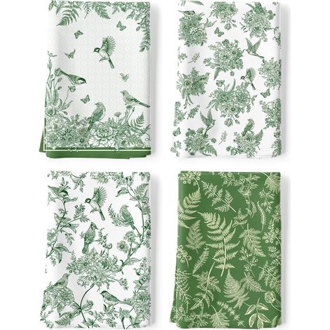 Torchons de Cuisine Vert Chinoiserie Fleurs Lot de 4, Main Absorbante 100% Coton Torchon Vaisselle Saisonnier Cadeaux pour Crémaillère Et Décoratif 48 Cm X 70 Cm (1/5)