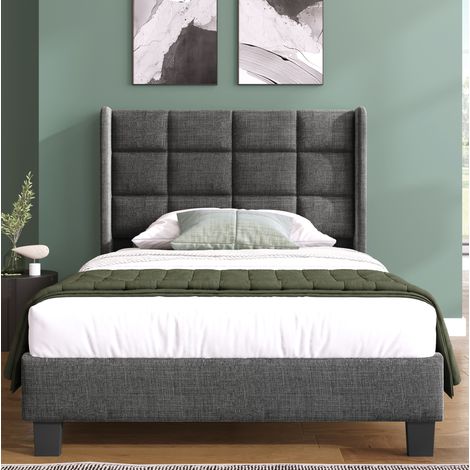 Einzelbett 90x200 cm grau aus Leinen mit Lattenrost und gepolstertem Kopfteil (1/5)