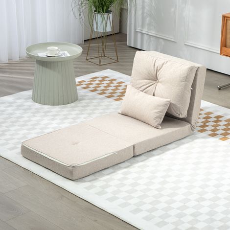 Sofá cama/sillón convertible, 1 plaza con 1 cojín y respaldo ajustable, color beige.