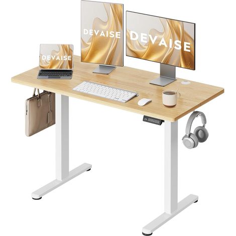 Bureau réglable DEVAISE 120x60 cm, moteur silencieux, 3 mémoires, hauteur 72-118 cm, chêne ergonomique.