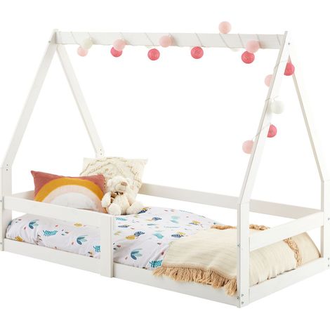 Idimex – Lit cabane Tami 70 x 140 cm – Structure en pin massif lasuré blanc – Barrière modulable – Design Montessori pour enfant
