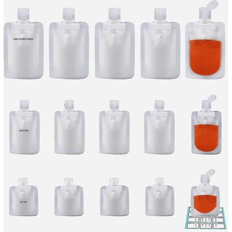 Packung mit 15 leeren, wiederbefüllbaren, quetschbaren Reisebeuteln für Flüssigkeiten (30 ml/50 ml/100 ml)