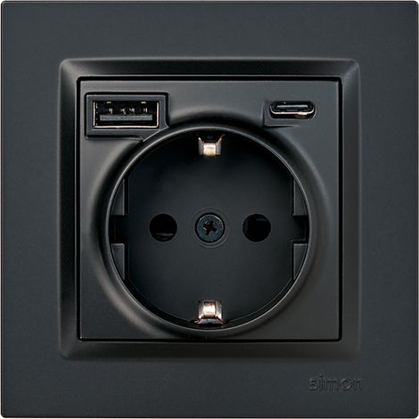 Schuko-Steckdose + USB-A + USB-C 10,5 W 16 A 250 V, Simon 10, Schwarz
