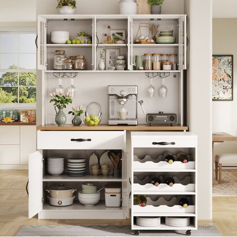 Mueble de cocina de 140 cm con carro con ruedas, LED, botellero, blanco DESVIAE (1/5)